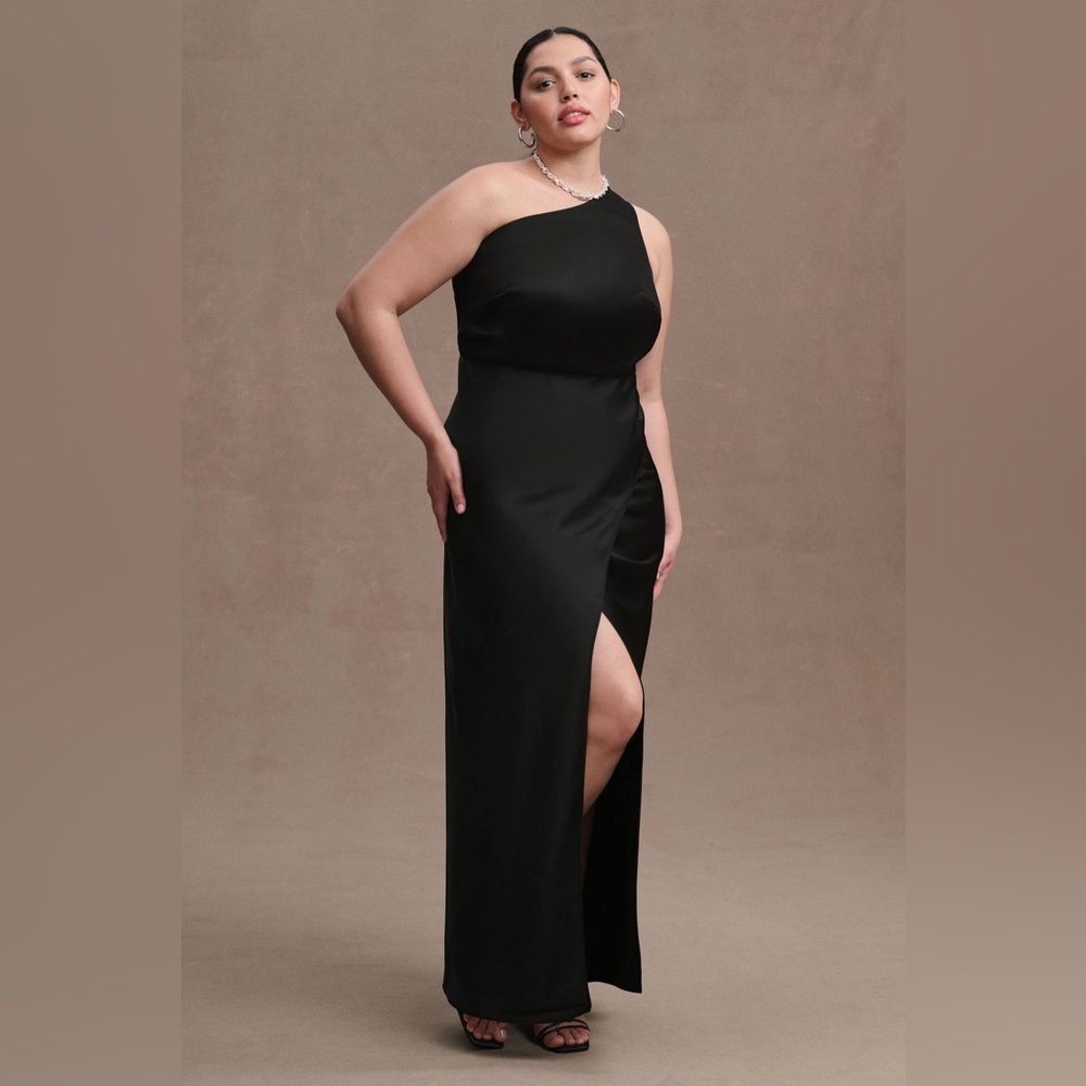 ANTHROPOLOGIE BHLDN Dylan One Shoulder Satin Side Slit Gown formal maxi black 16